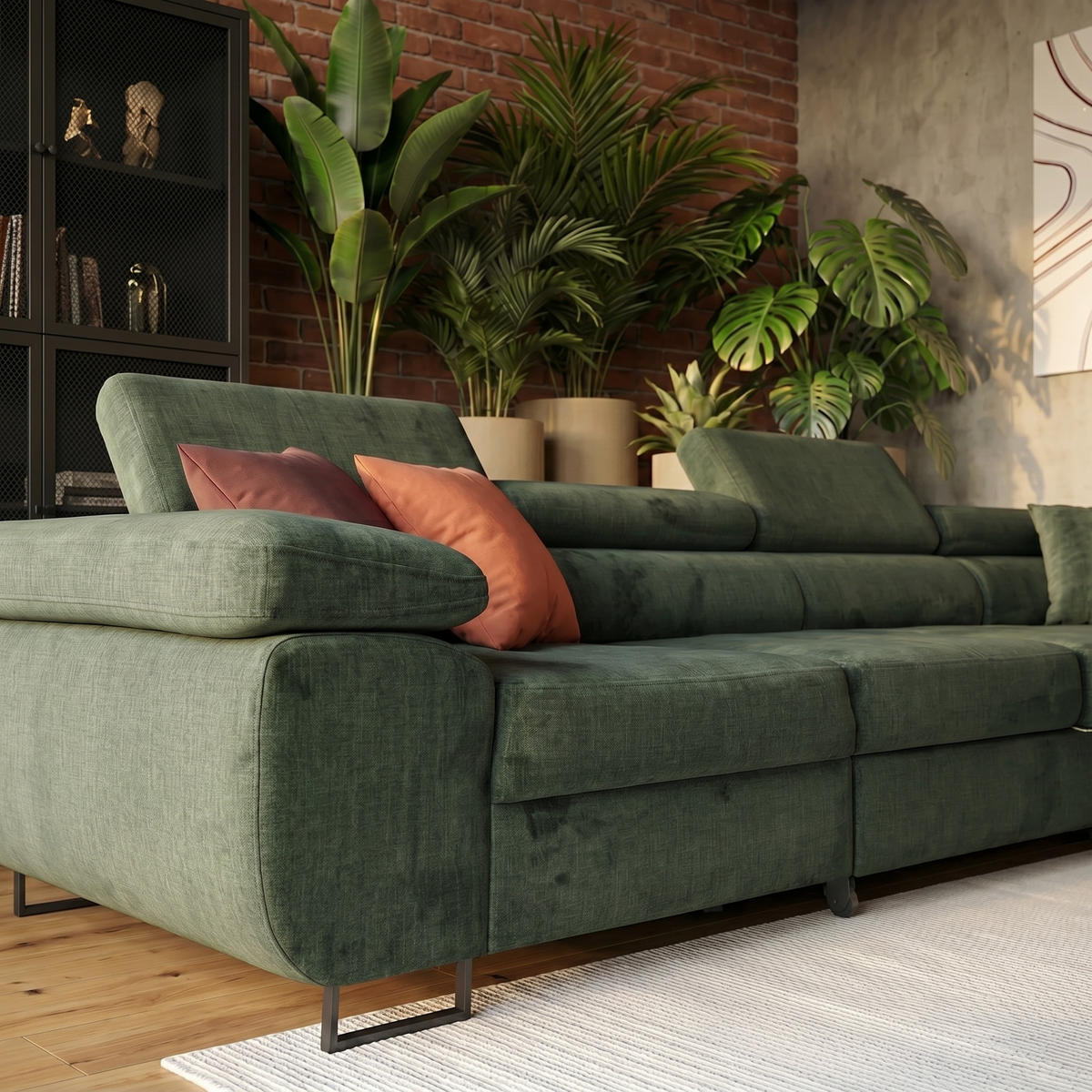 ECKSOFA WILD MAXI L Rechts mit Schlaffunktion 125x195 Velours Dunkelgrün - Chromfarben/Dunkelgrün, Holz/Textil (203/350cm) - Muffo