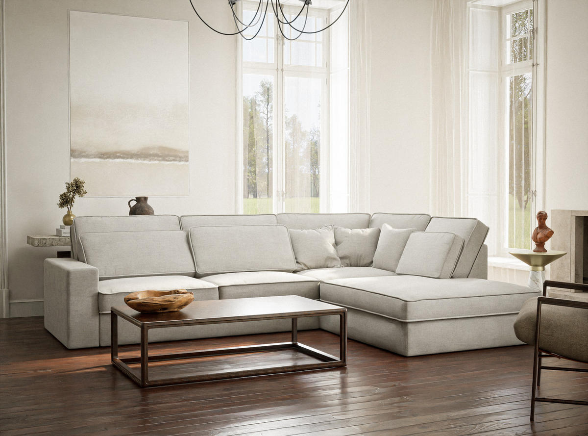 ECKSOFA Kirou Beige grau Chenille-Stoff - Rechts Seite - Greige/Schwarz, Holz/Holzwerkstoff (311/225cm) - Maison de Reve