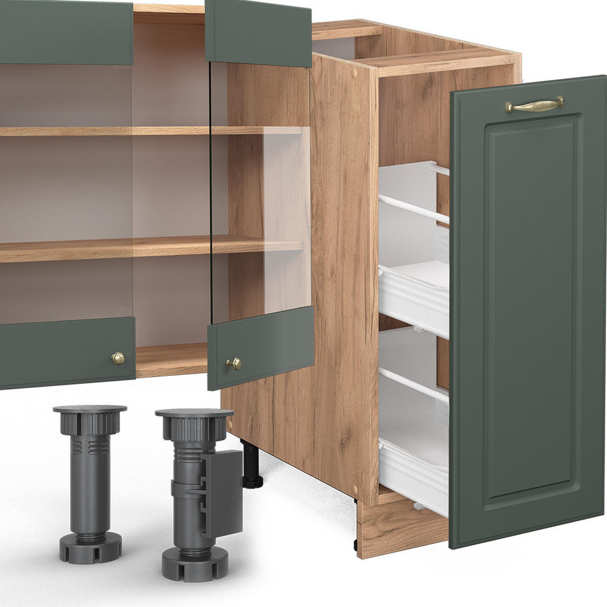 KÜCHENZEILE Fame-Line Grün-Gold Landhaus/Goldkraft Eiche 280 cm AP Marmor - Eiche Wotan/Grün, Holzwerkstoff (280/81.6/60cm) - Vicco