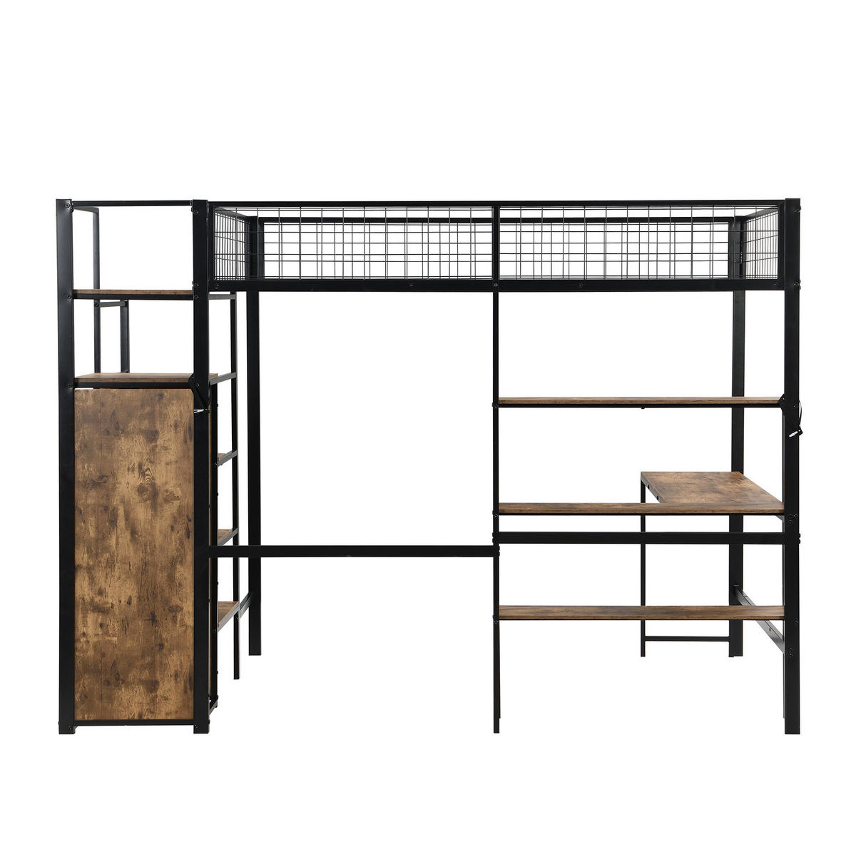 HOCHBETT aus Metall und MDF 140x200 cm Schwarz/Braun mit Schreibtisch, Regalen und Kleiderschrank - Schwarz, Metall (90/190cm) - Modfu