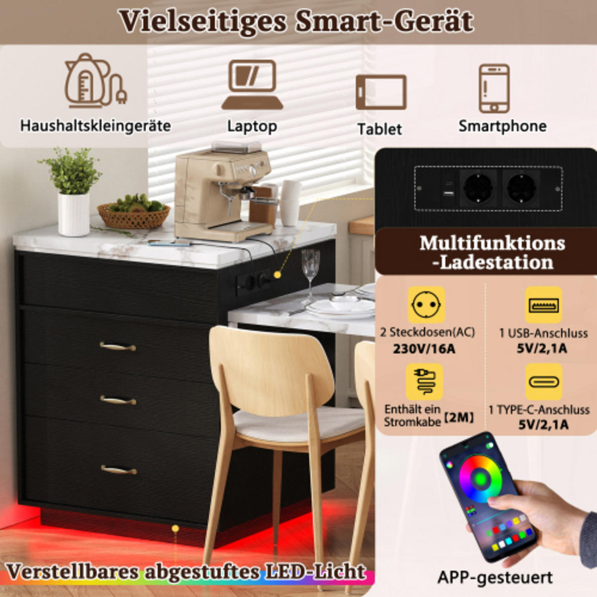 KÜCHENINSEL mit LED und Ladestation schwarz 125,5-187,5×71×93 cm aus MDF - Schwarz, Holzwerkstoff (187.5/93/71cm) - Luhomfu