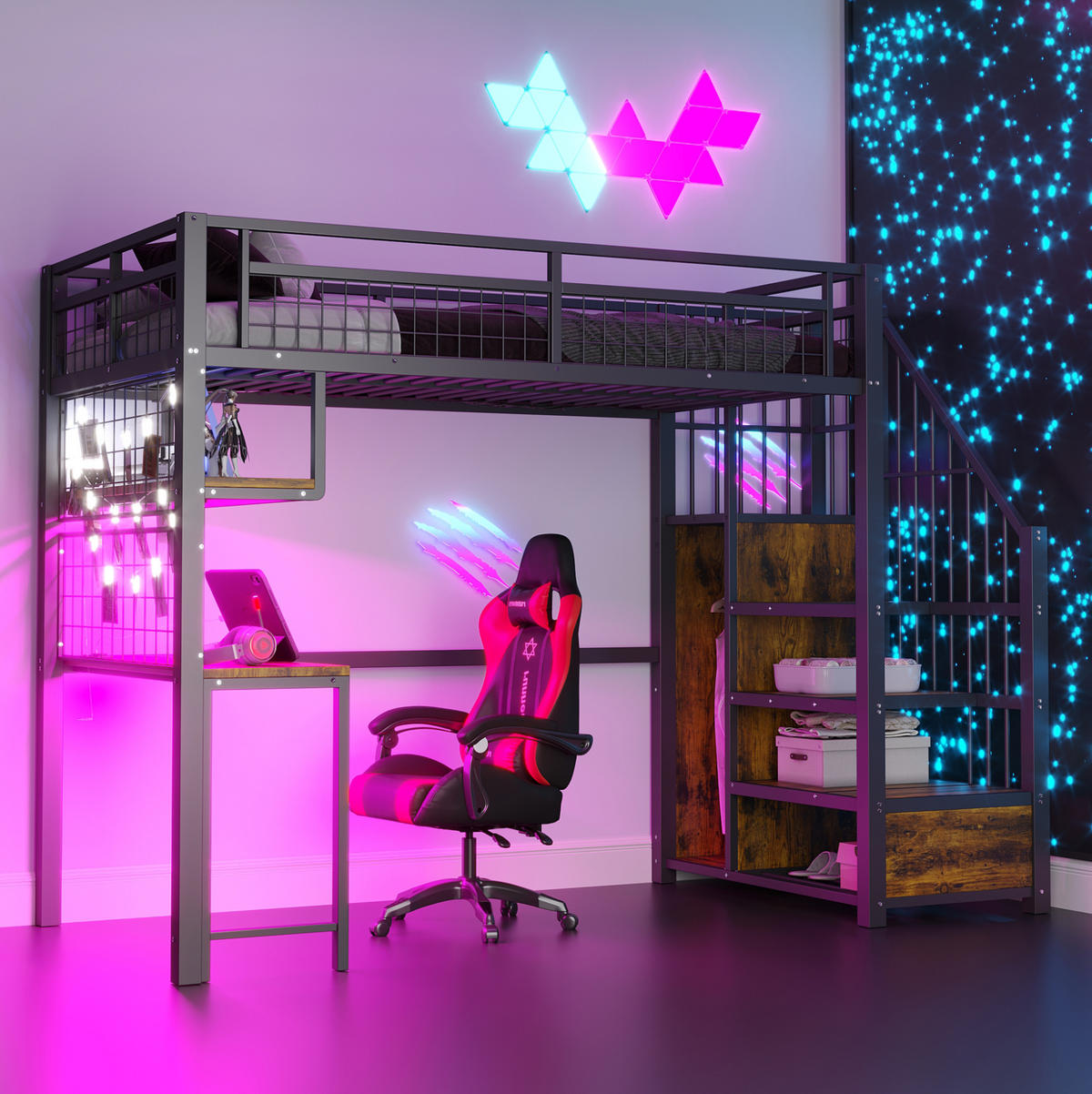 HOCHBETT aus Metall 90x200 cm Schwarz mit Schreibtisch, Lichtleiste, Steckdosen, Stauraumtreppe und Kleiderschrank - Schwarz, Metall (90/190cm) - Modfu