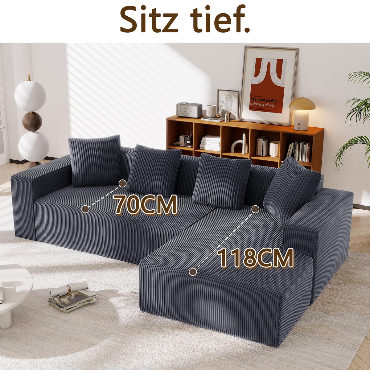ECKSOFA Cord mit tiefer Sitzfläche, modularer Liege 261/146/65 cm Grau - Grau, Textil (146/261cm) - Redom