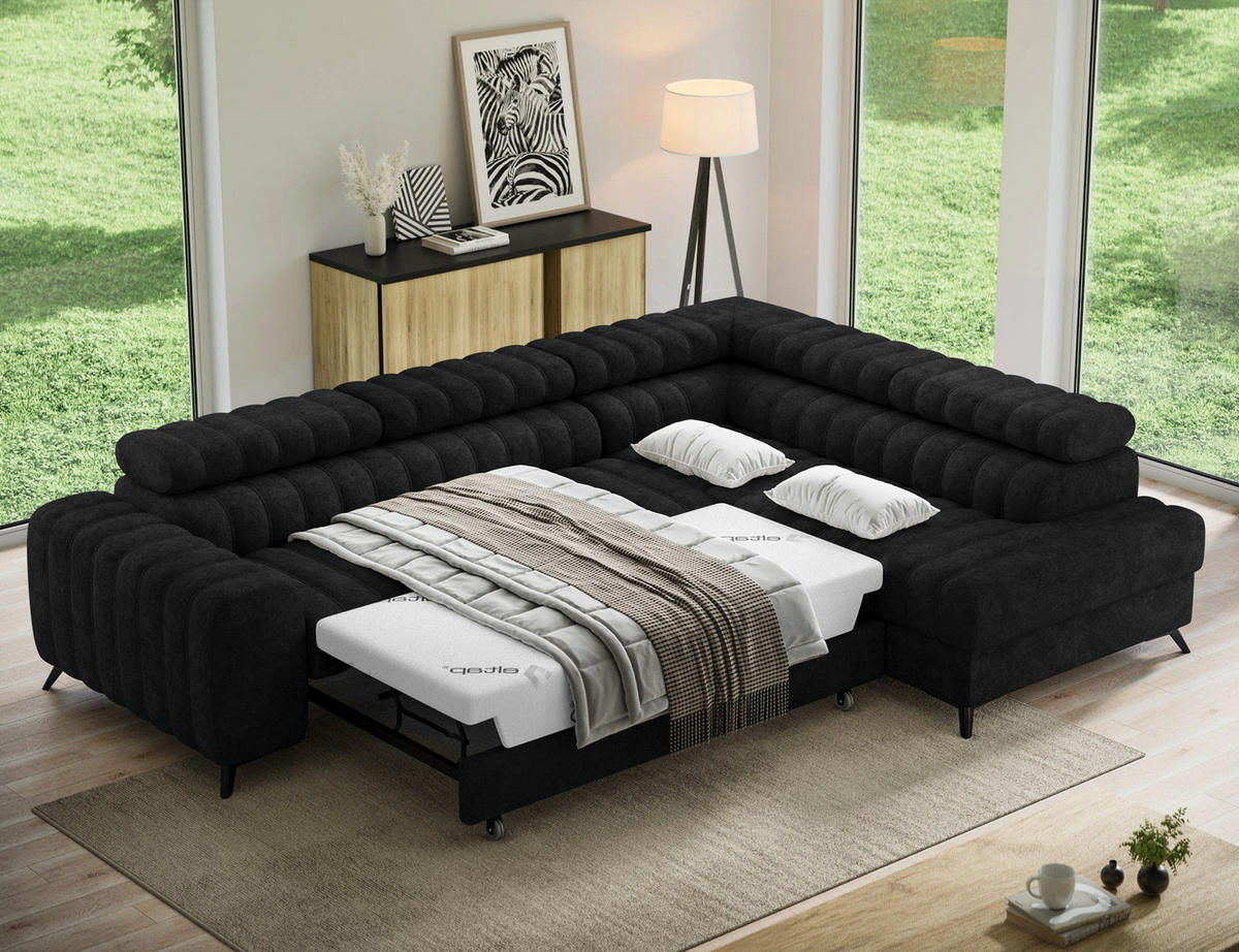 KANEDO Ecksofa mit Schlaffunktion und Bettkasten – Modernes Designsofa, verstellbare Kopfstützen, Metallfüße - Schwarz, Kunststoff (269/86cm) - Wohnideebilder
