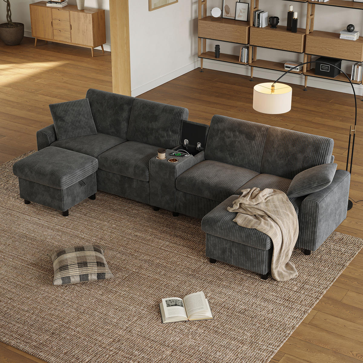 SOFA Grau U-Form Cord Stauraum USB Hocker 315cm Schlaffunktion - Grau, Textil (135/81/315cm) - FLIEKS