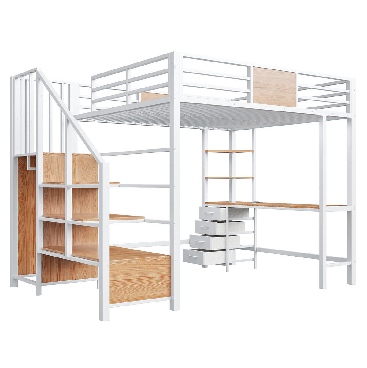 HOCHBETT 140/200 cm Weiß mit Schreibtisch, LED und Steckdose - Weiß, Metall (140/200cm) - MIVRAY