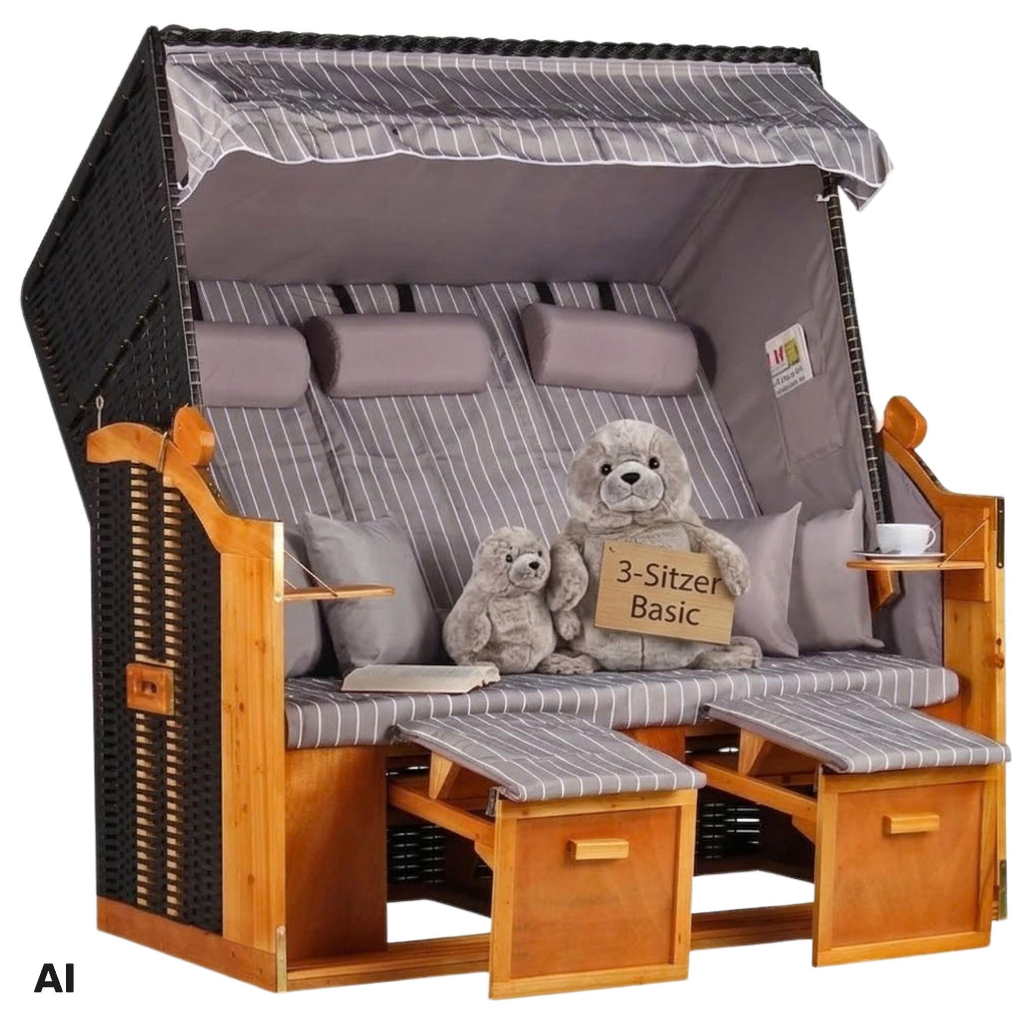 STRANDKORB XXL Ostsee 3Sitzer PE Schwarz - Braun/Grau, Metall (160/160/80cm) - Mr. Deko