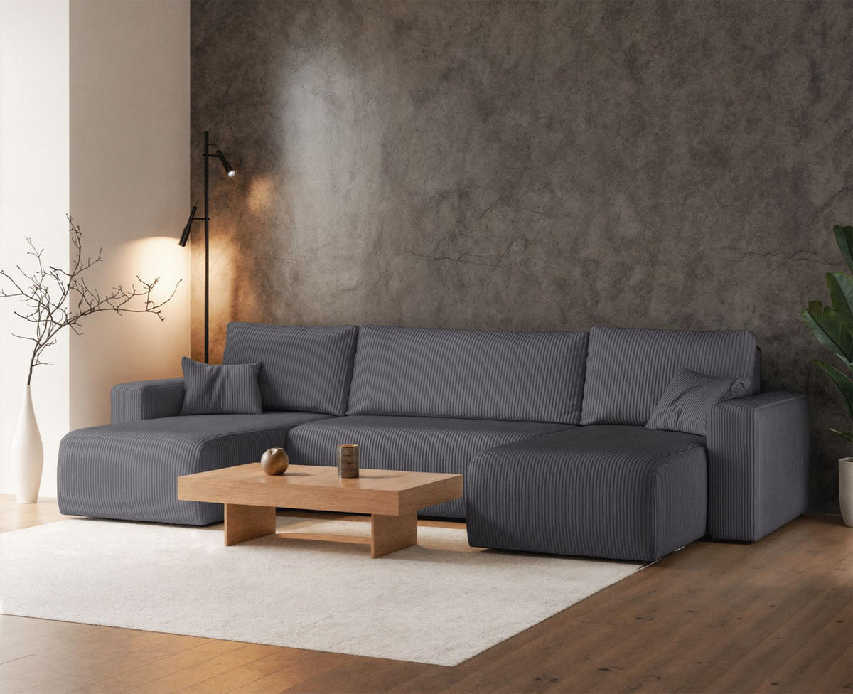 WOHNLANDSCHAFT Pianoni Grau Cordbezug - Schwarz/Grau, Kunststoff/Textil (312/83/140cm) - Selsey