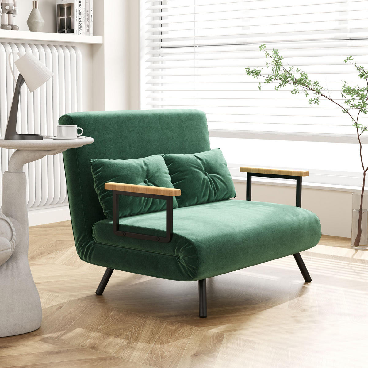 SCHLAFSOFA Schlafcouch mit Samtoptik Rückenkissen - Schwarz/Naturfarben, Holz/Textil (73/81/102cm) - HOMCOM