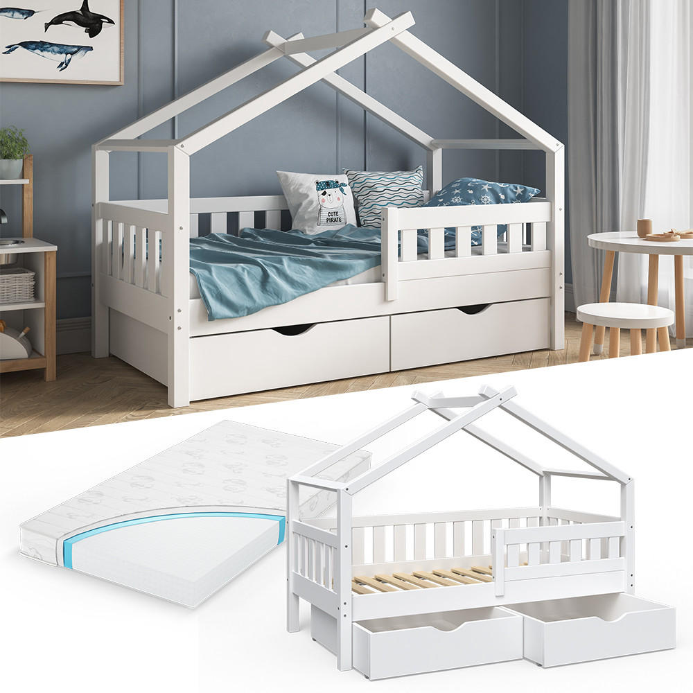 HAUSBETT Design Weiß 80x160 cm mit 2 Schubladen und Matratze - Weiß, Holz (80/160cm) - VitaliSpa