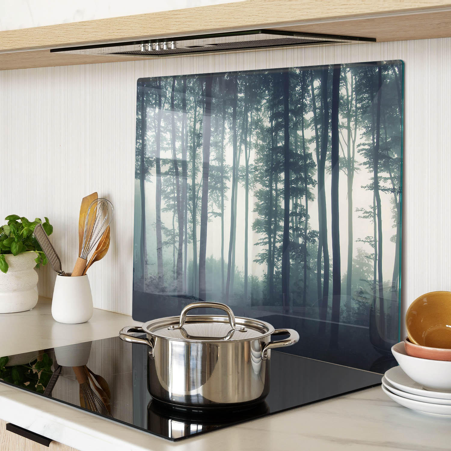 GLASPLATTE 60x52 cm Wald im Nebel - Schwarz, Glas (60/0.4/52cm) - TULUP