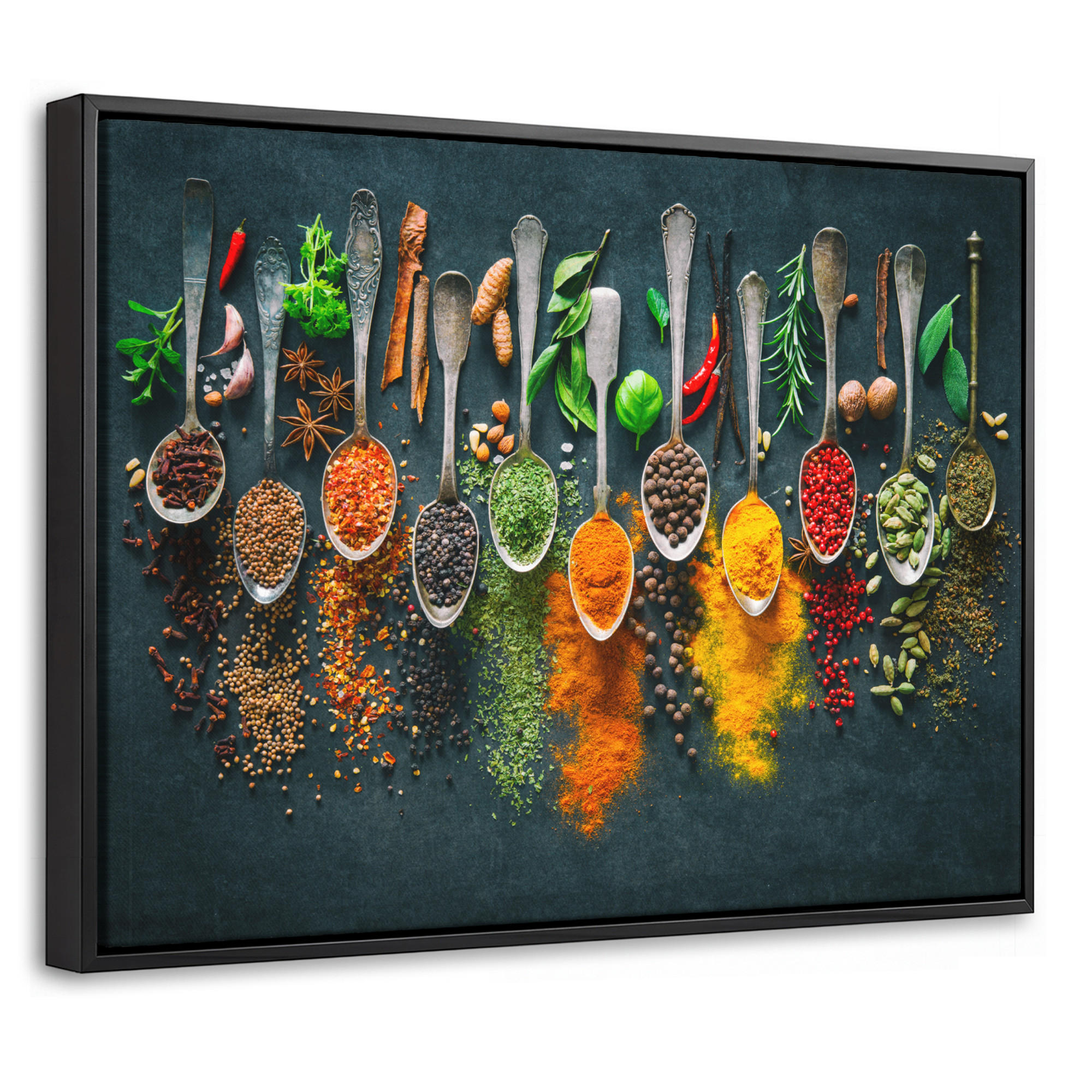 LEINWAND Bilder mit Rahmen - Kräuter - Gewürze - Löffel - 40x30 - Currygelb, Textil (40/30cm) - MuchoWow
