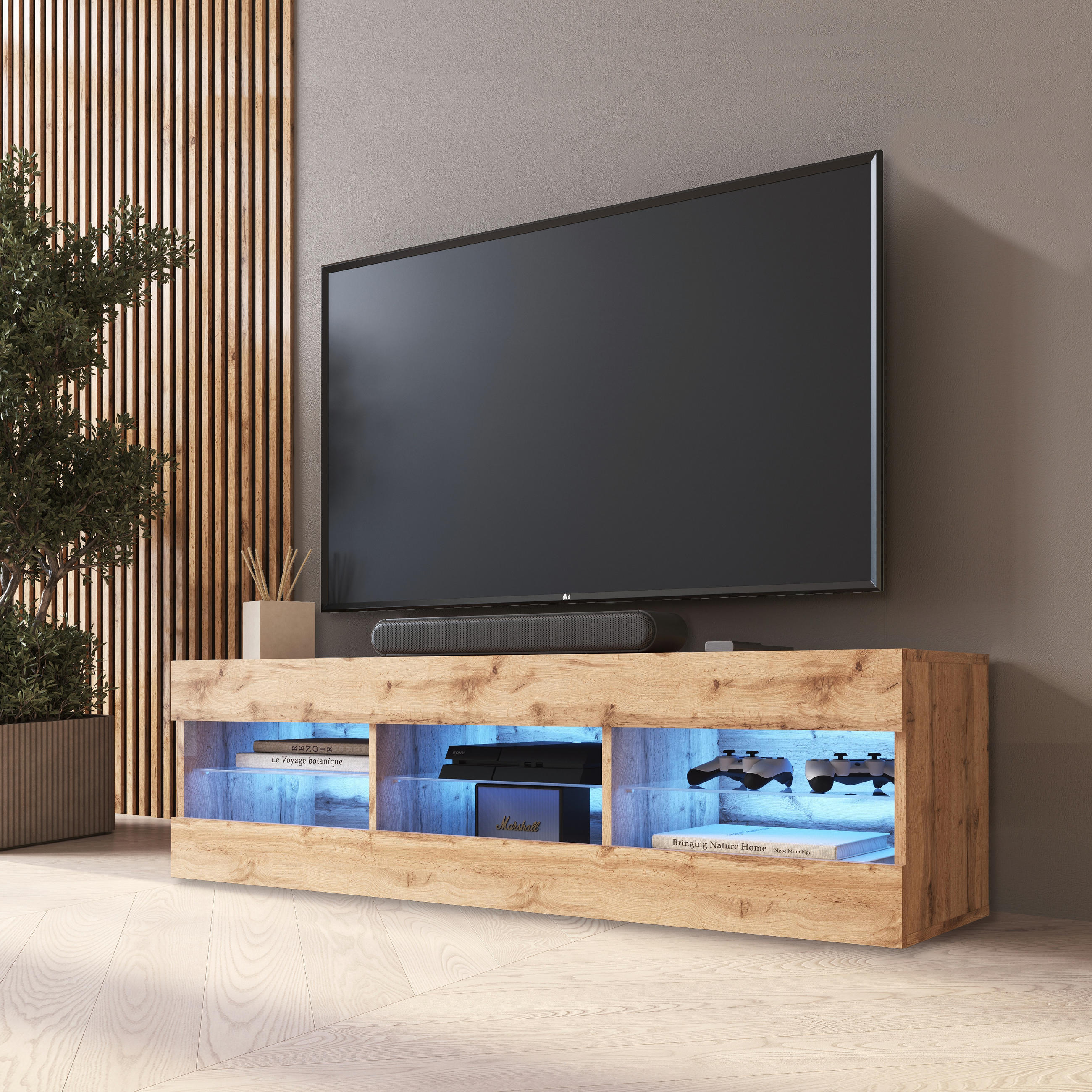 LOWBOARD TIVOLI RTV 140, Wotan, LED Blau - Eiche Wotan, Glas/Holzwerkstoff (140/40.5/35.5cm) - Komodee