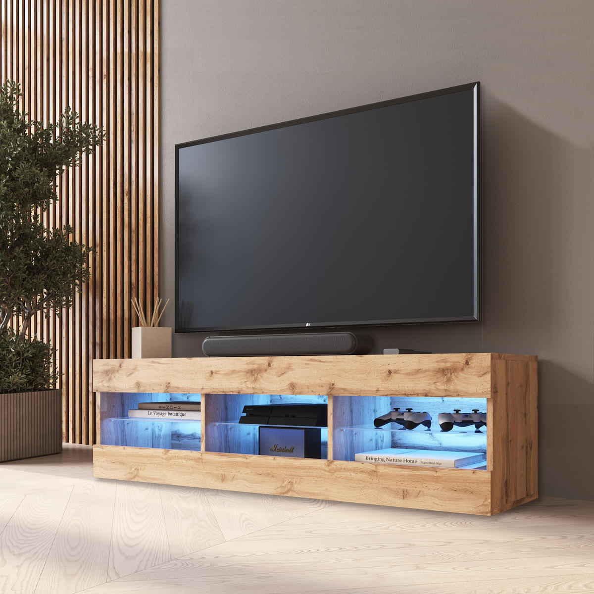 LOWBOARD TIVOLI RTV 140, Wotan, LED Blau - Eiche Wotan, Glas/Holzwerkstoff (140/40.5/35.5cm) - Komodee