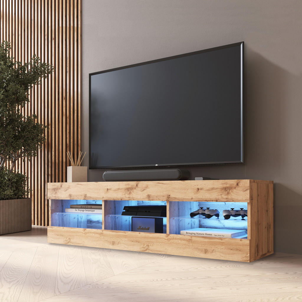 Thumbnail - Komodee Lowboard, Eiche Wotan, Eiche Wotan, Glas, 3 Fächer, Rechteckig, 140x40.5x35.5 cm, Wohnzimmer, Wohnwände, Lowboar...