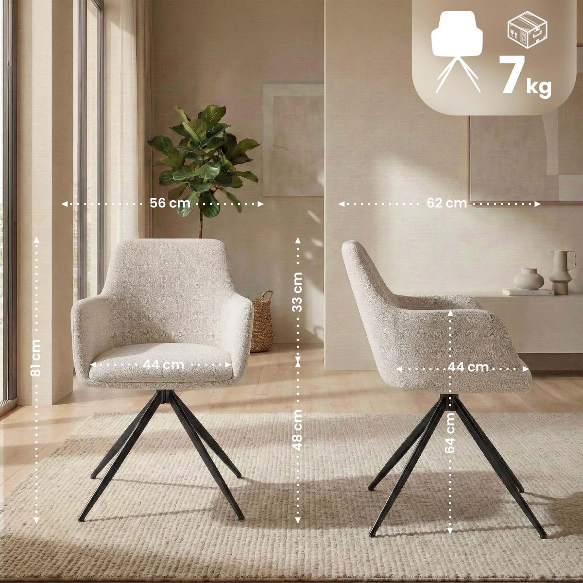 ARMLEHNENSTUHL Stoff creme - Creme/Schwarz, Textil/Metall (56/81/62cm) - CLP