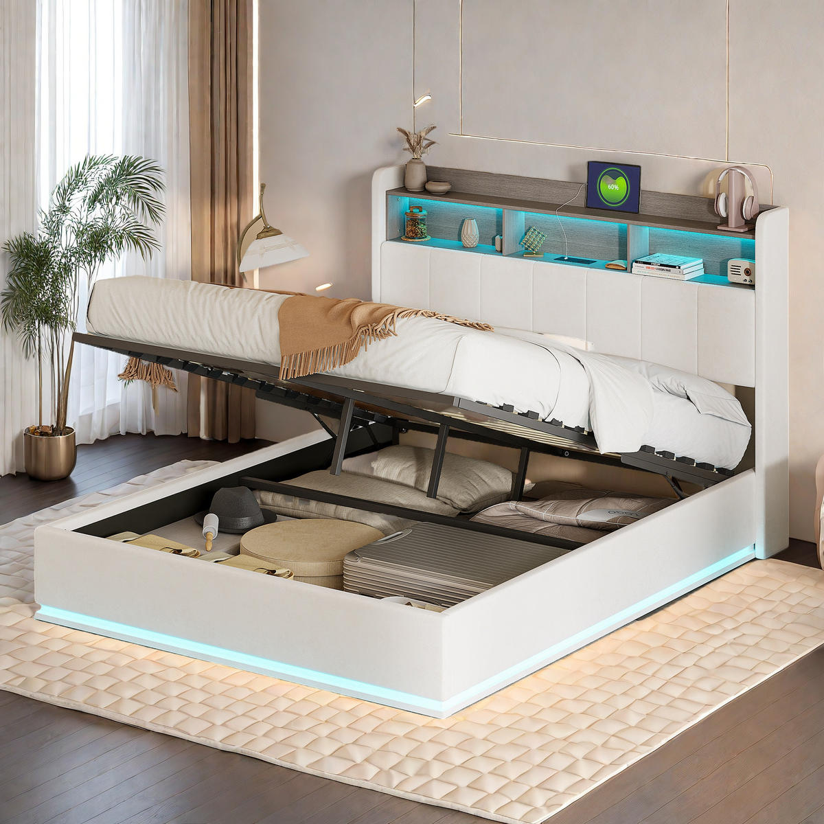 POLSTERBETT 160x200 cm mit Stauraum, LED, USB, Lattenrost, Weiß - Weiß, Metall (160/200cm)