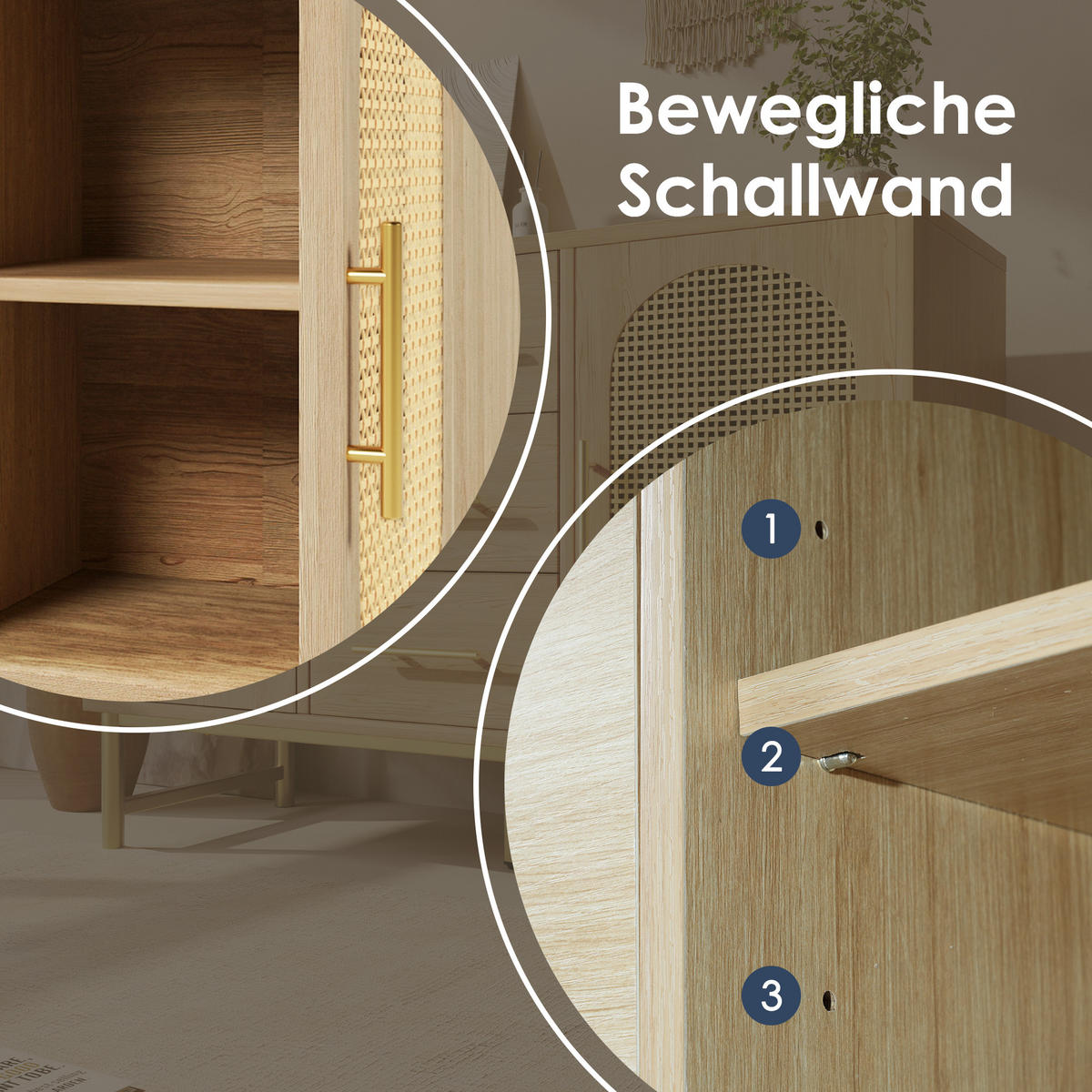 KOMMODE in Eichenfarben Sideboard mit Rattan-Türen und Schubladen für Wohnzimmer und Schlafzimmer, B120/T40/H74 cm - Eichefarben/Goldfarben, Holzwerkstoff/Metall (120/74/40cm) - STILVORA