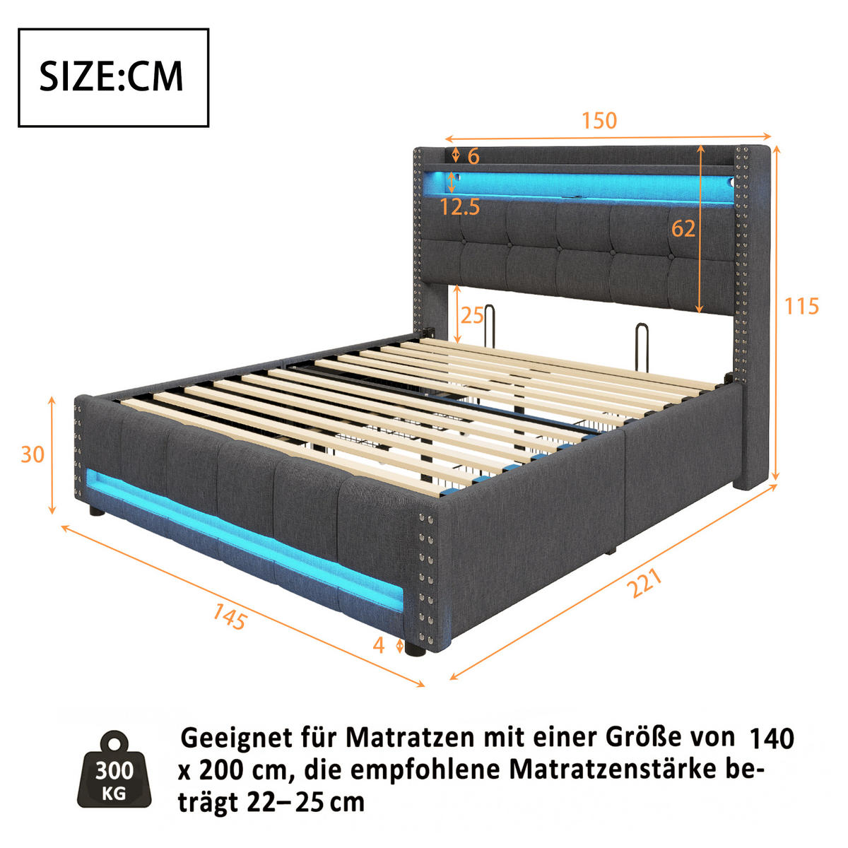 POLSTERBETT 140/200 cm grau mit LED-Beleuchtung und USB-Steckdose - Grau, Textil (140/200cm) - OKWISH