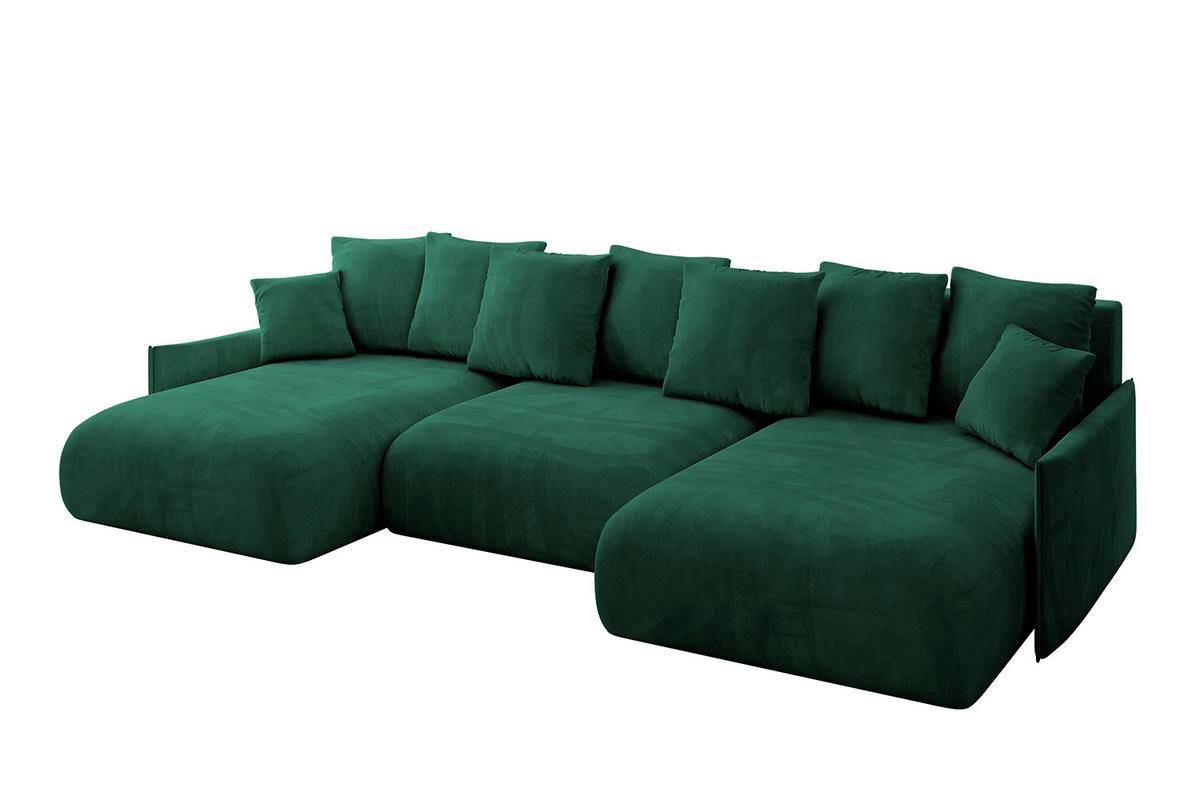 WOHNLANDSCHAFT mit Schlaffunktion und Bettkasten ONESK-U-v1 304x165x40 Dunkelgrün Velours - Dunkelgrün, Holzwerkstoff/Kunststoff (304/90/165cm) - ALTDECOR