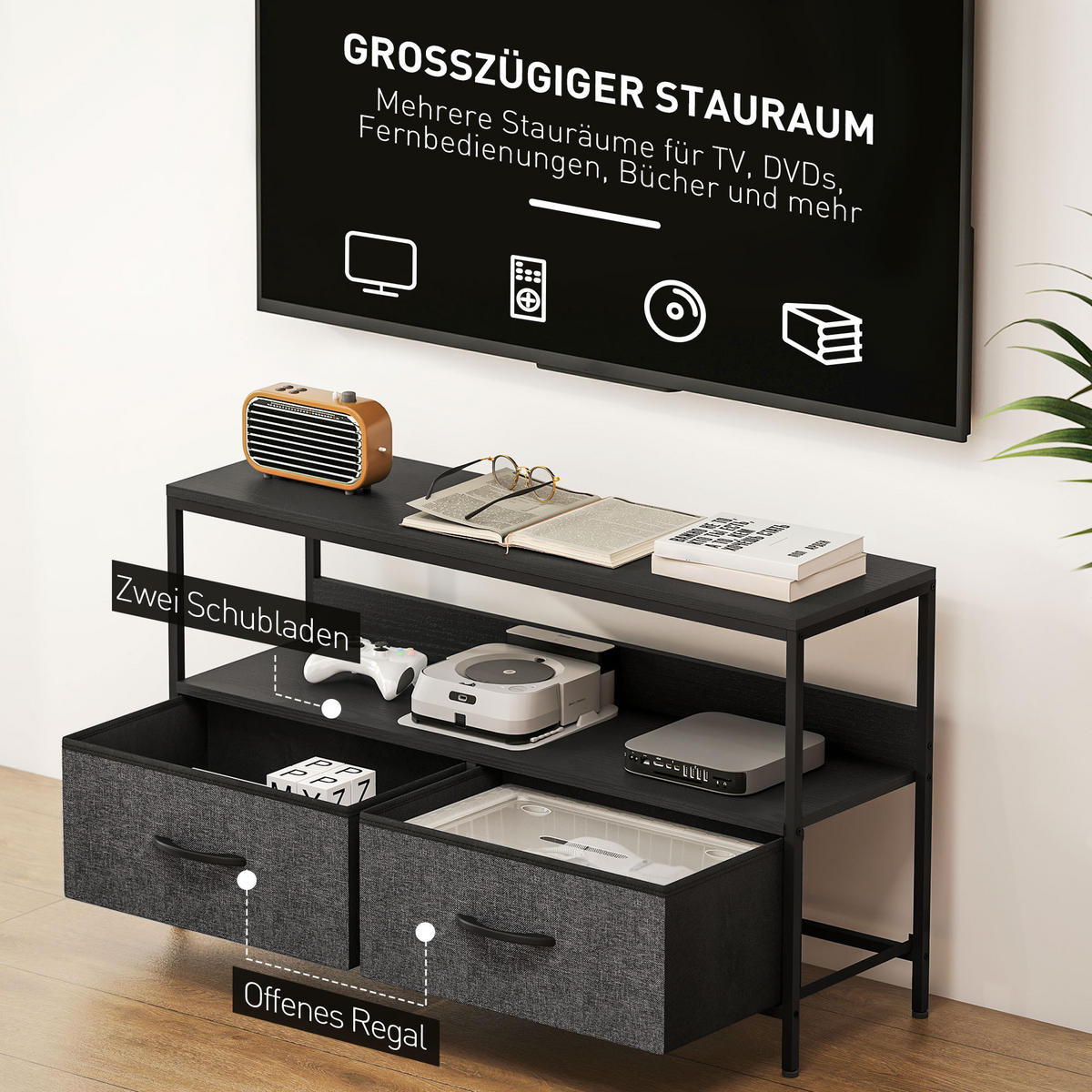 TV Schrank Lowboard mit 2 Schubladen, offenem Fach, für Fernseher bis 47 Zoll, 98 x 29 x 56 cm, Schwarz+Dunkelgrau - Schwarz, Textil (98/56/29cm)