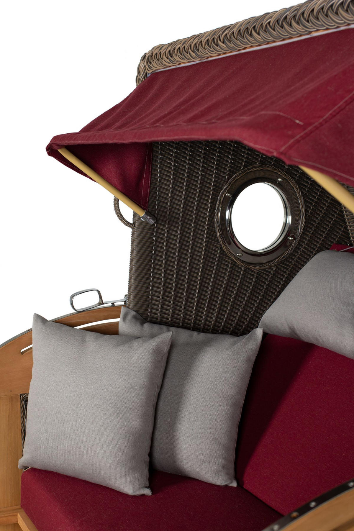 STRANDKORB Komplettset: Borkum XL Teak Bullauge - PE grau - Modell 594 - Rot/Grau, Holz/Kunststoff (142/170/95cm) - bene living