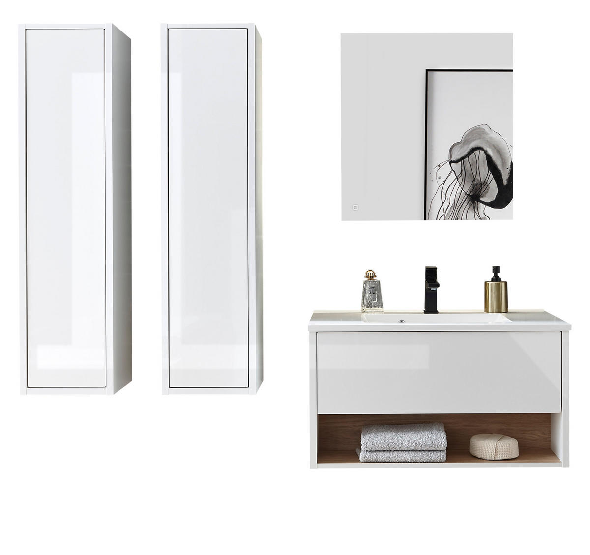 BADMÖBEL-SET weiß Hochglanz, Eiche mit Waschbecken und LED Beleuchtung 160 cm - Weiß Hochglanz/Eichefarben, Glas/Holzwerkstoff (160/190/47cm) - Furn.Design