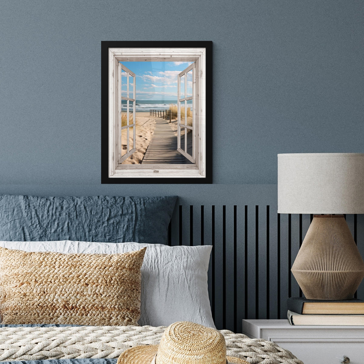 GERAHMTES BILD Fenster - Meer - Küste - Natur - Ausblick - Strand - Wattenmeer 30x40 cm - Beige, Papier (30/40cm) - MuchoWow