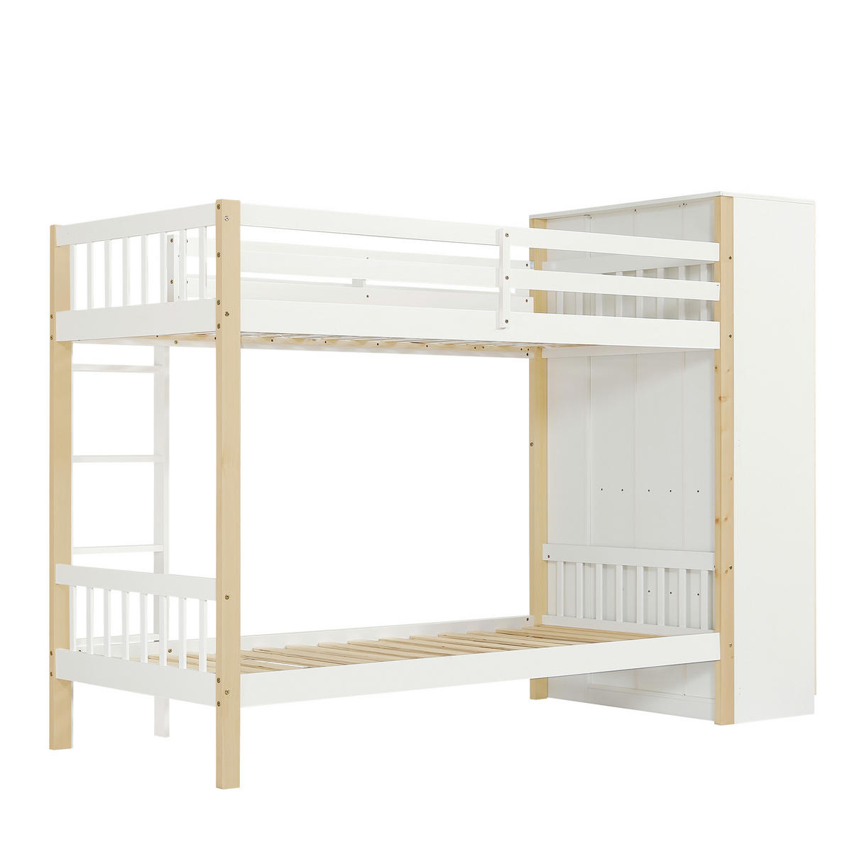 ETAGENBETT 90/200 cm in Weiß & Natur Kinderbett mit 6 Regalen und Kleiderschrank - Weiß, Holzwerkstoff (90/200cm) - STILVORA