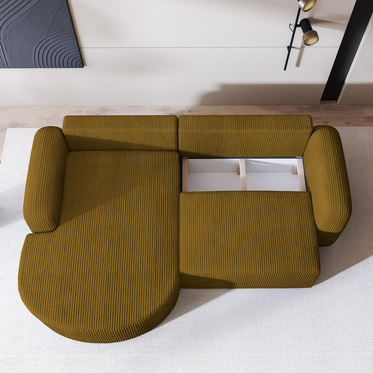 ECKSOFA AMILIA P L-S Gelb Kordstoff mit Schlaffunktion - Gelb, Holz (263/174cm) - MASSENO