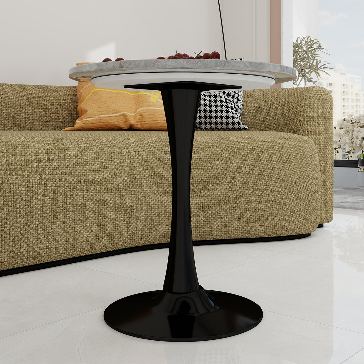 COUCHTISCH 70/70/72 cm Schwarz Grau mit runder Kunstmarmor-Platte im minimalistischen Design - Grau, Stein (70/70/72cm) - OKWISH