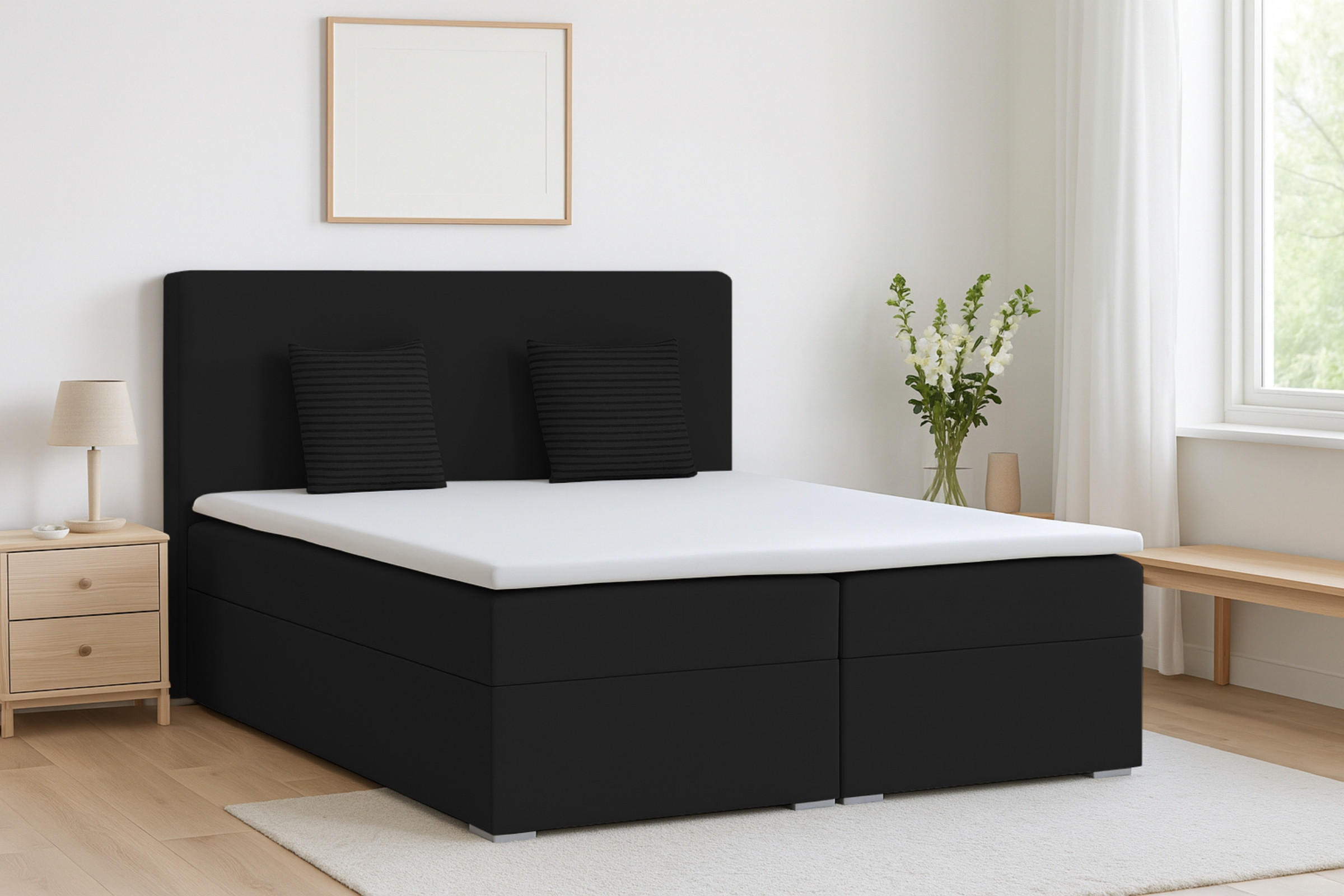 BOXBETT BASIC 180/200 Velours Schwarz mit Taschen-Federkernmatratzen 7 Zonen H4 - Schwarz, Holz/Holzwerkstoff (180/200cm) - Deine Möbel 24