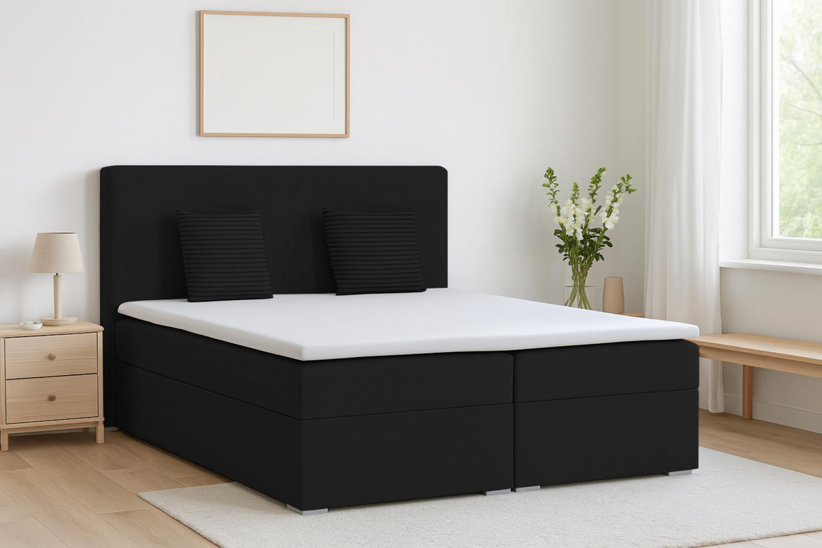 BOXBETT BASIC 160/200 Velours Schwarz mit Bonell-Federkernmatratzen H3 - Schwarz, Holz/Holzwerkstoff (160/200cm) - Deine Möbel 24