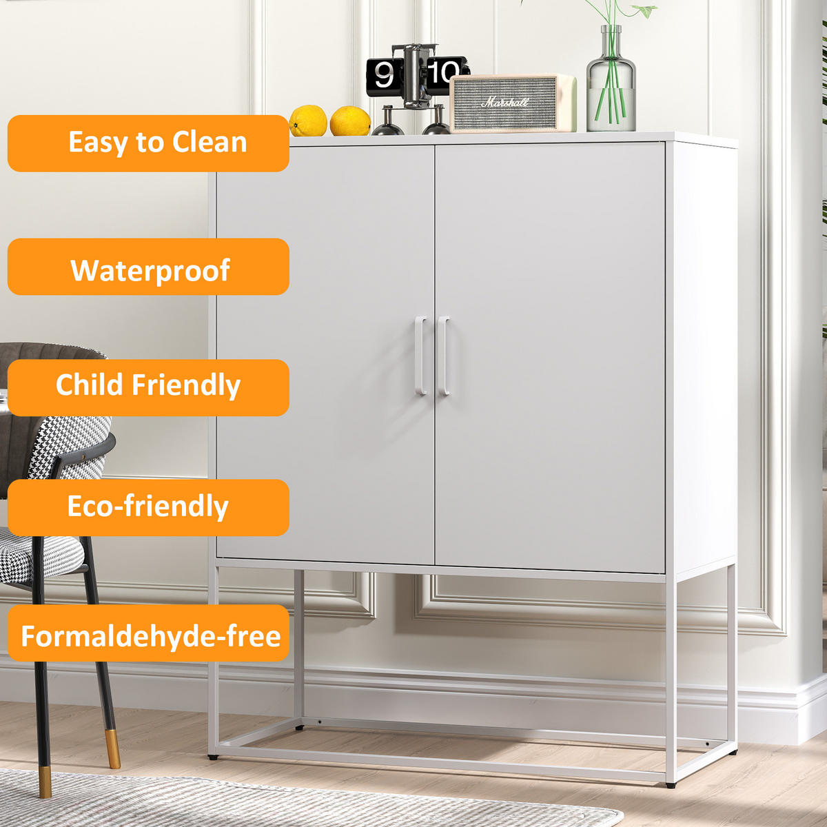 SIDEBOARD aus Stahl 40x85x109 cm Weiß mit Magnettüren, 2 Einlegeböden und Kippsicherung - Weiß, Metall (85/109/40cm) - Modfu