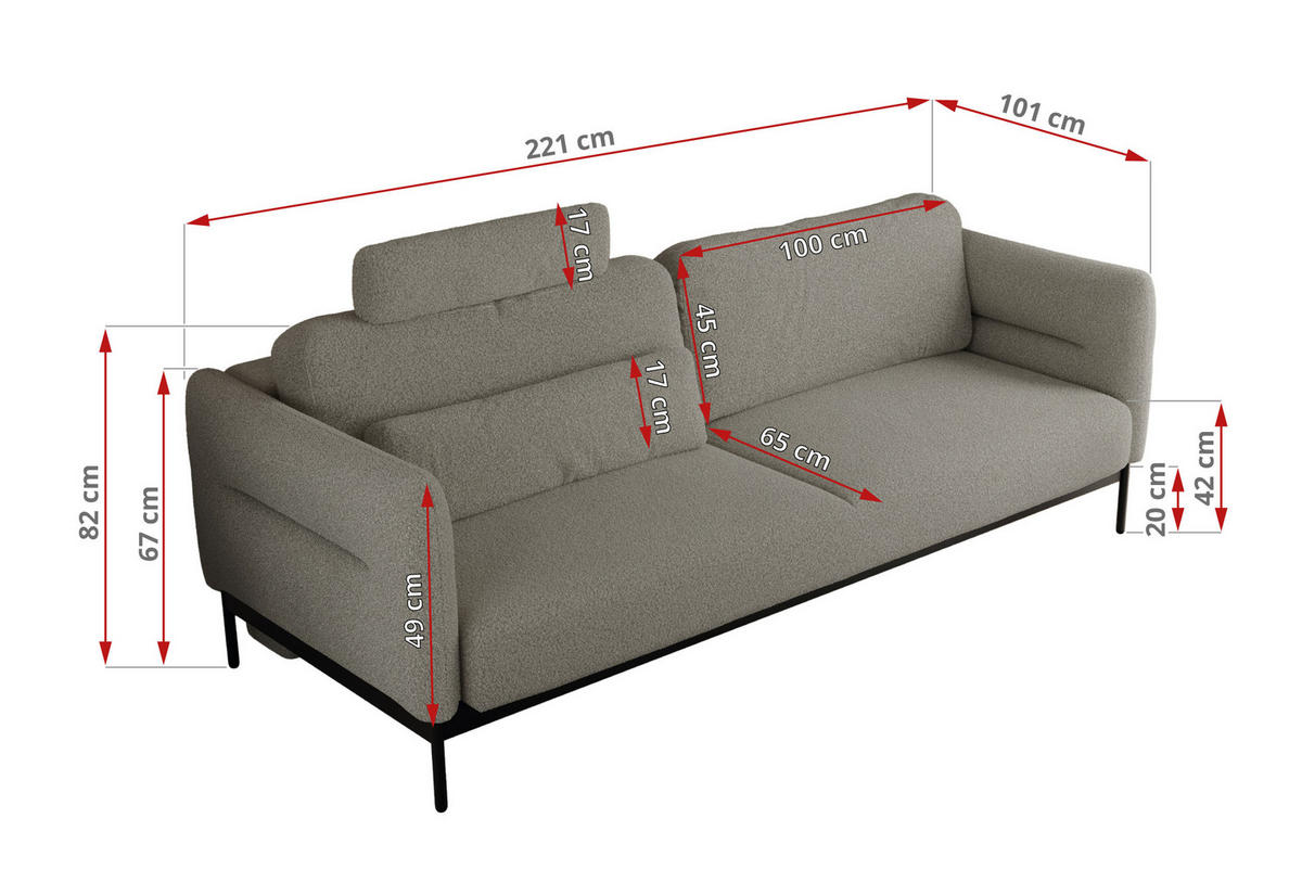 SOFA SALENTO Hellgrau Boucle - Hellgrau/Schwarz, Textil/Metall (221/82/101cm) - MKS