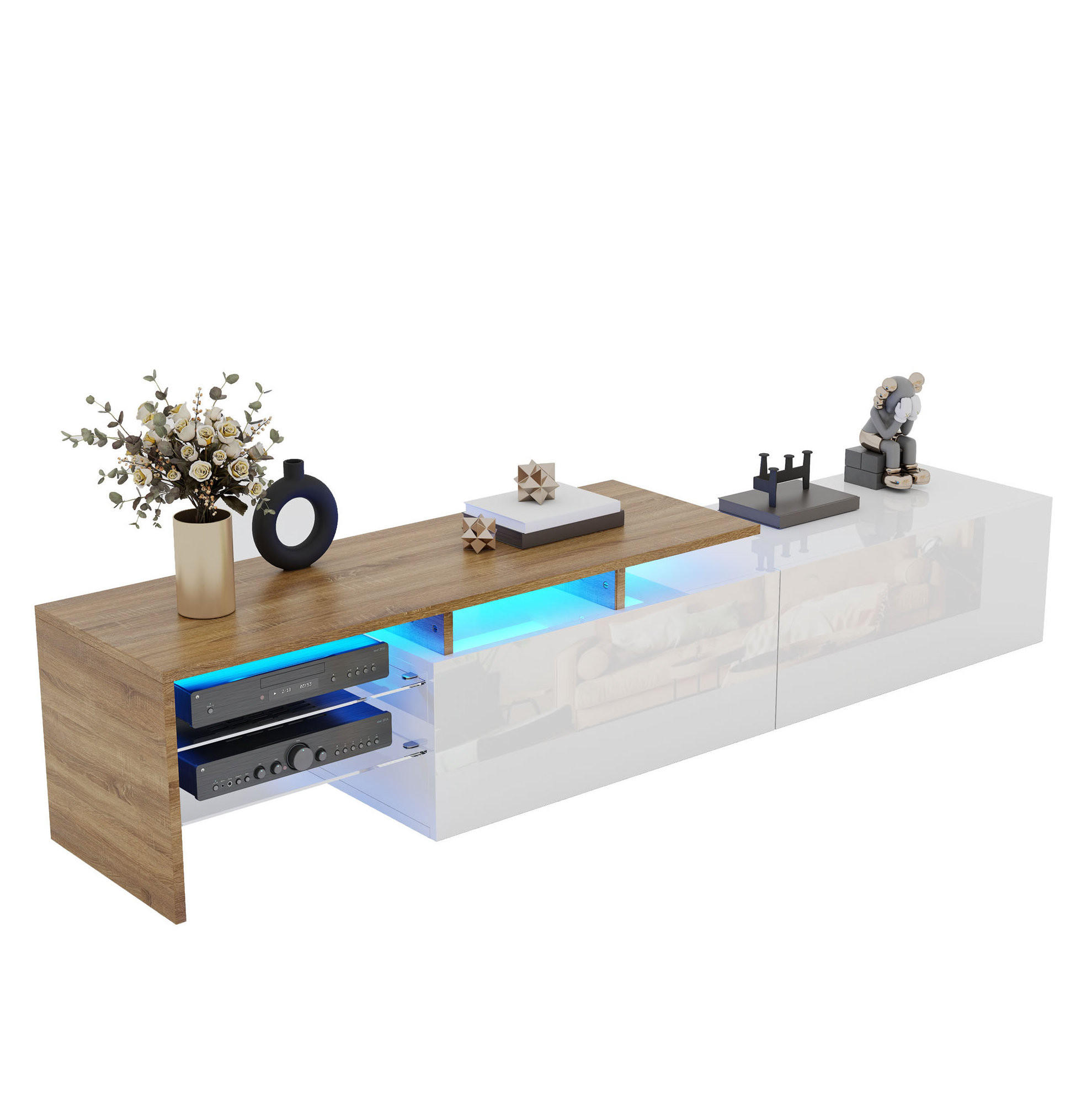 TV komoda, 170/33/33,5 cm, biela/prírodná, drevotrieska s LED osvetlením - biela, kompozitné drevo (170/33.5/33cm) - BEAOK