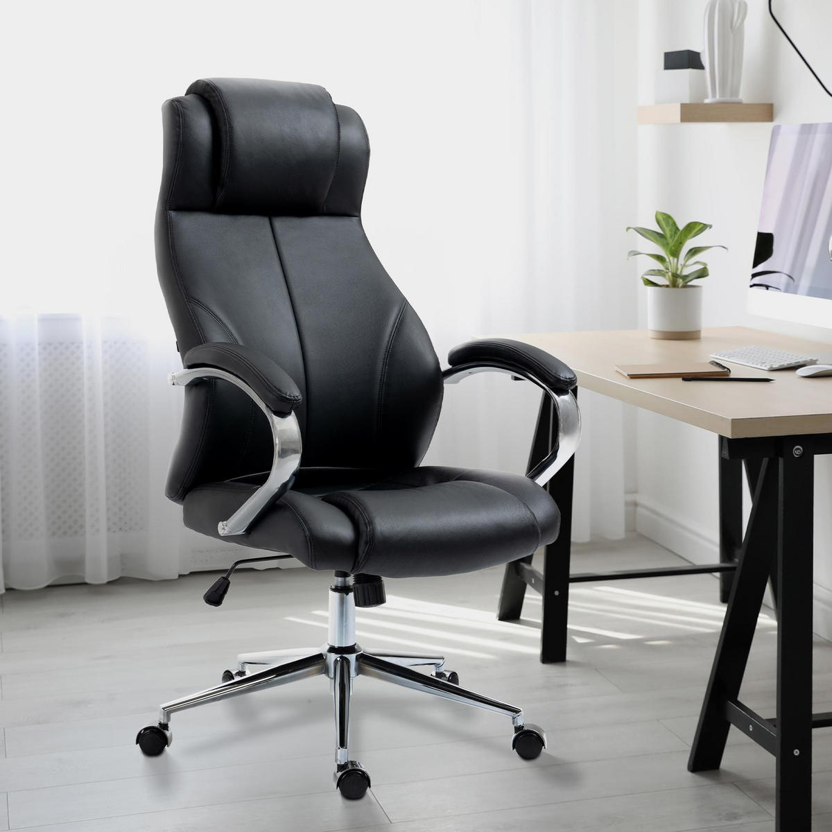 CHEFSESSEL Echtleder schwarz - Chromfarben/Schwarz, Leder/Metall (64/120/79cm) - CLP