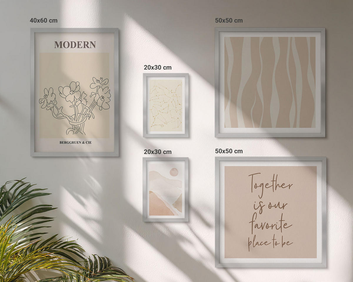 BILDER SET 5er Set - 50x50 cm & 20x30 cm & 40x60 cm Silberner Rahmen - Abstrakte Formen und Farben - Silberfarben, Kunststoff (40/60cm) - TULUP