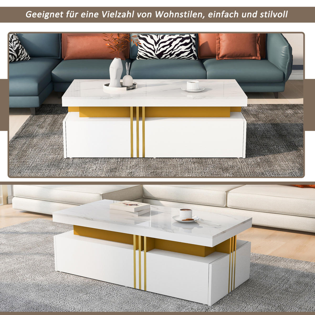 COUCHTISCH 100/50/40 cm in Weiß mit 2 Schubladen und Hochglanz-Tischplatte - Weiß, Holzwerkstoff (100/50/40cm) - Flora Grace