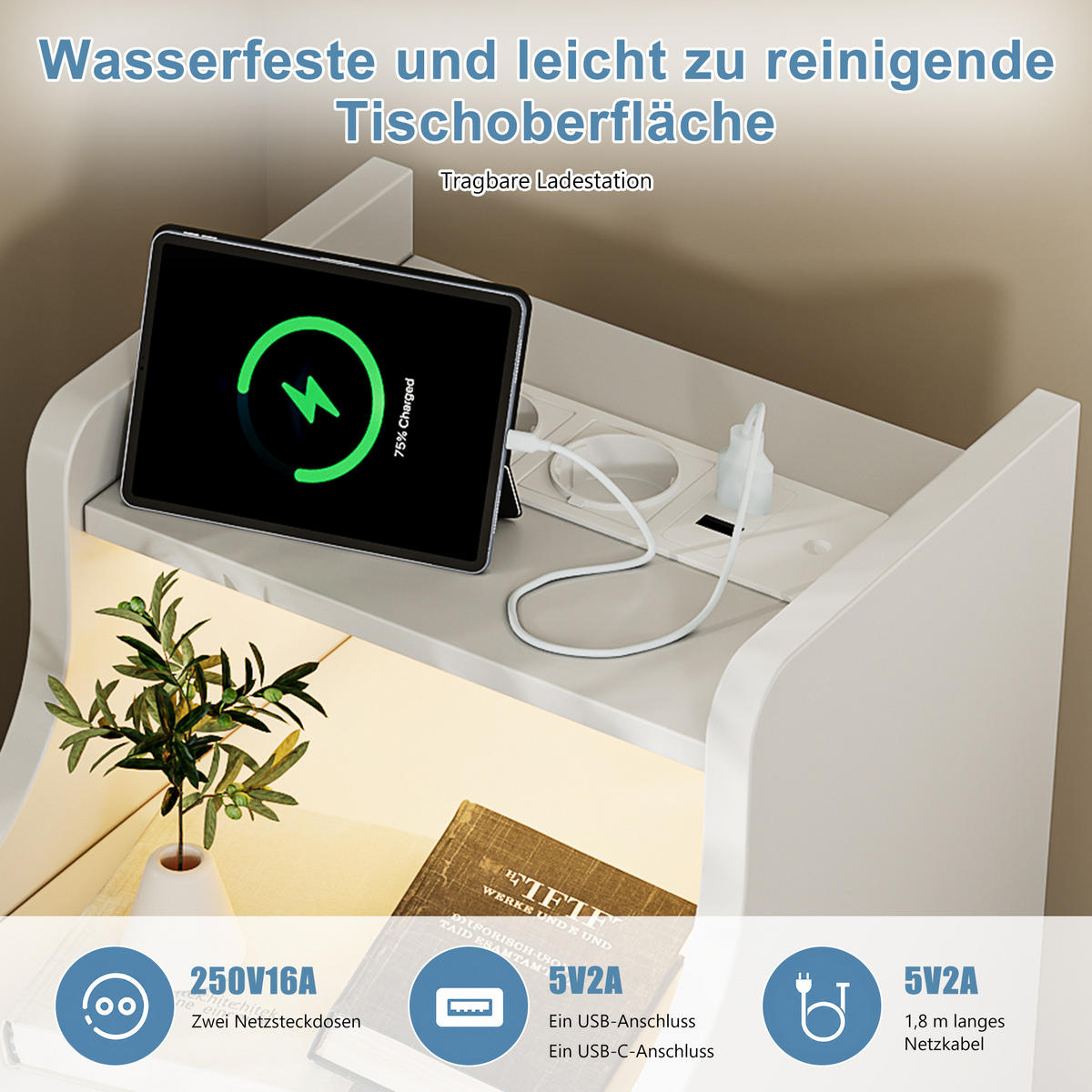 NACHTTISCH 2er-Set mit LED, Steckdose & USB, 2 Schubladen, Weiß, MDF - Weiß, Holz (25/76/30cm)