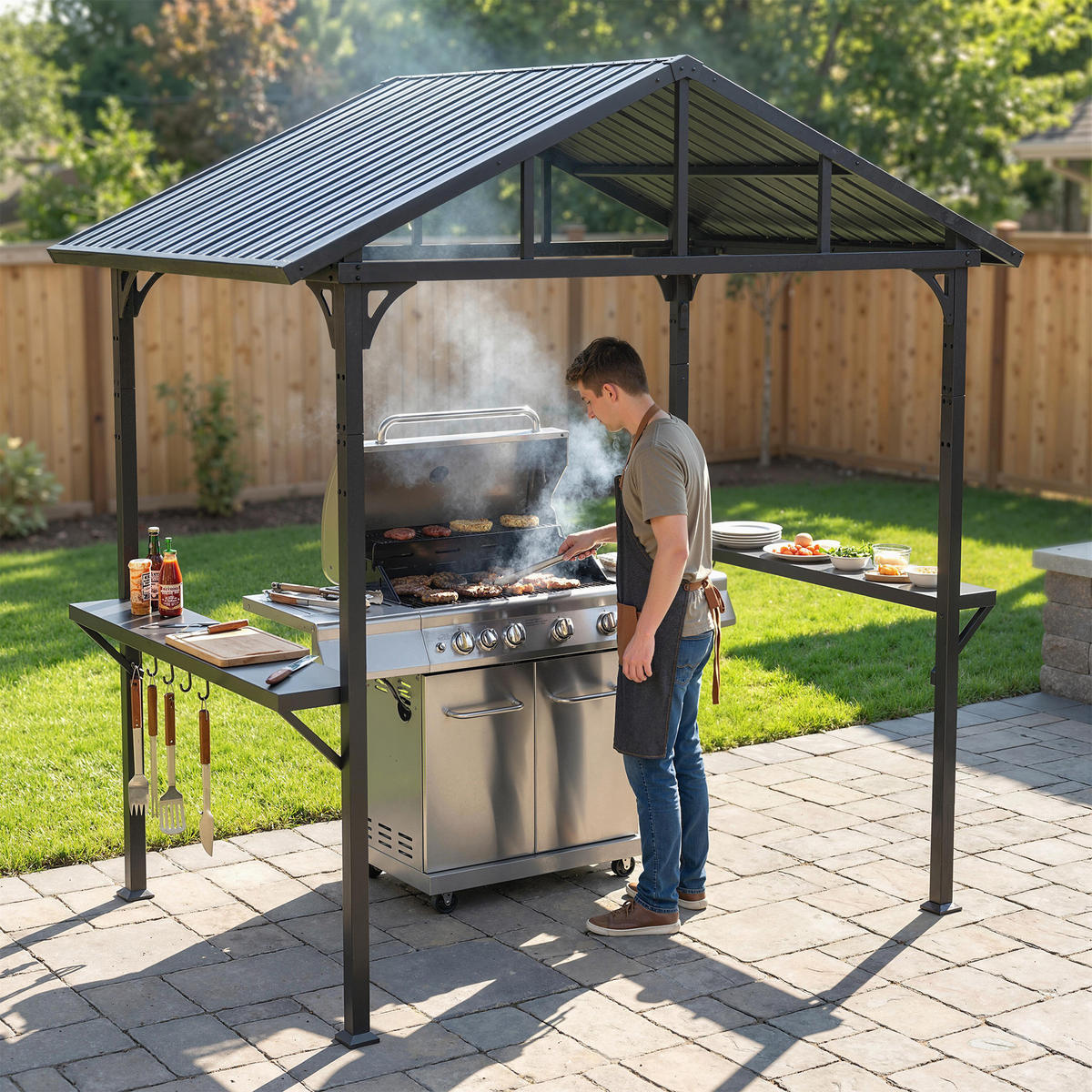 GRILLPAVILLON mit Ablage und Haken Dunkelgrau - Schwarz, Metall (156/248/252cm) - Outsunny