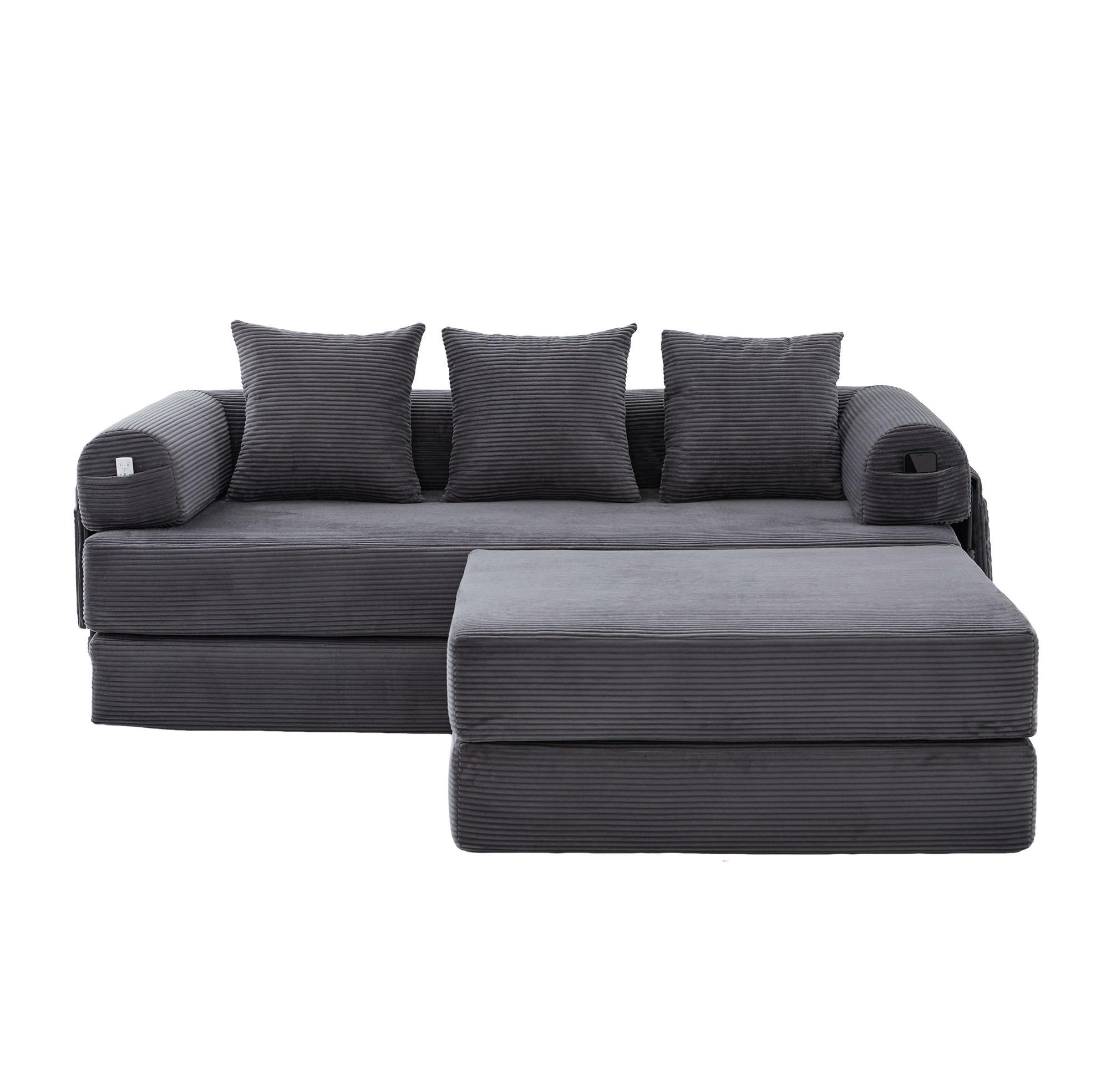ECKSOFA aus Cord 200x190x67 cm Dunkelgrau mit Hocker, Seitentasche und 3 Kissen - Dunkelgrau, Textil (200/190cm) - Modfu