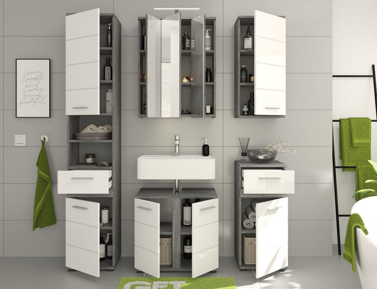 BADKOMBINATION 5tlg. inkl. Beleuchtung Blake Bad in Rauchsilber Nb. und weiß HG B/H/T: 164x191x34 cm - Anthrazit, Holz (164/191/34cm)