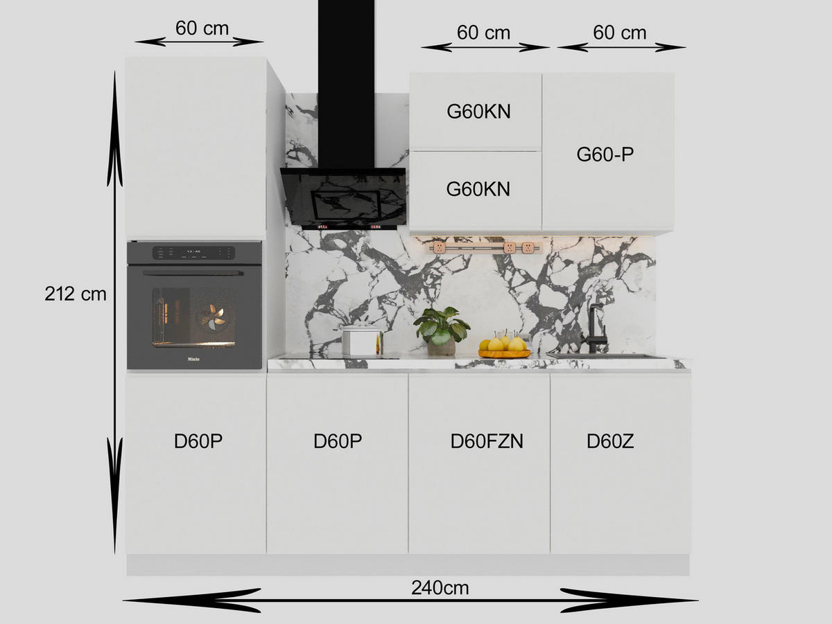 KÜCHENZEILE 240 cm Glanzia – KU-S06 – Weiß – Hochglanz - Weiß Hochglanz, Holzwerkstoff (240/212/60cm)