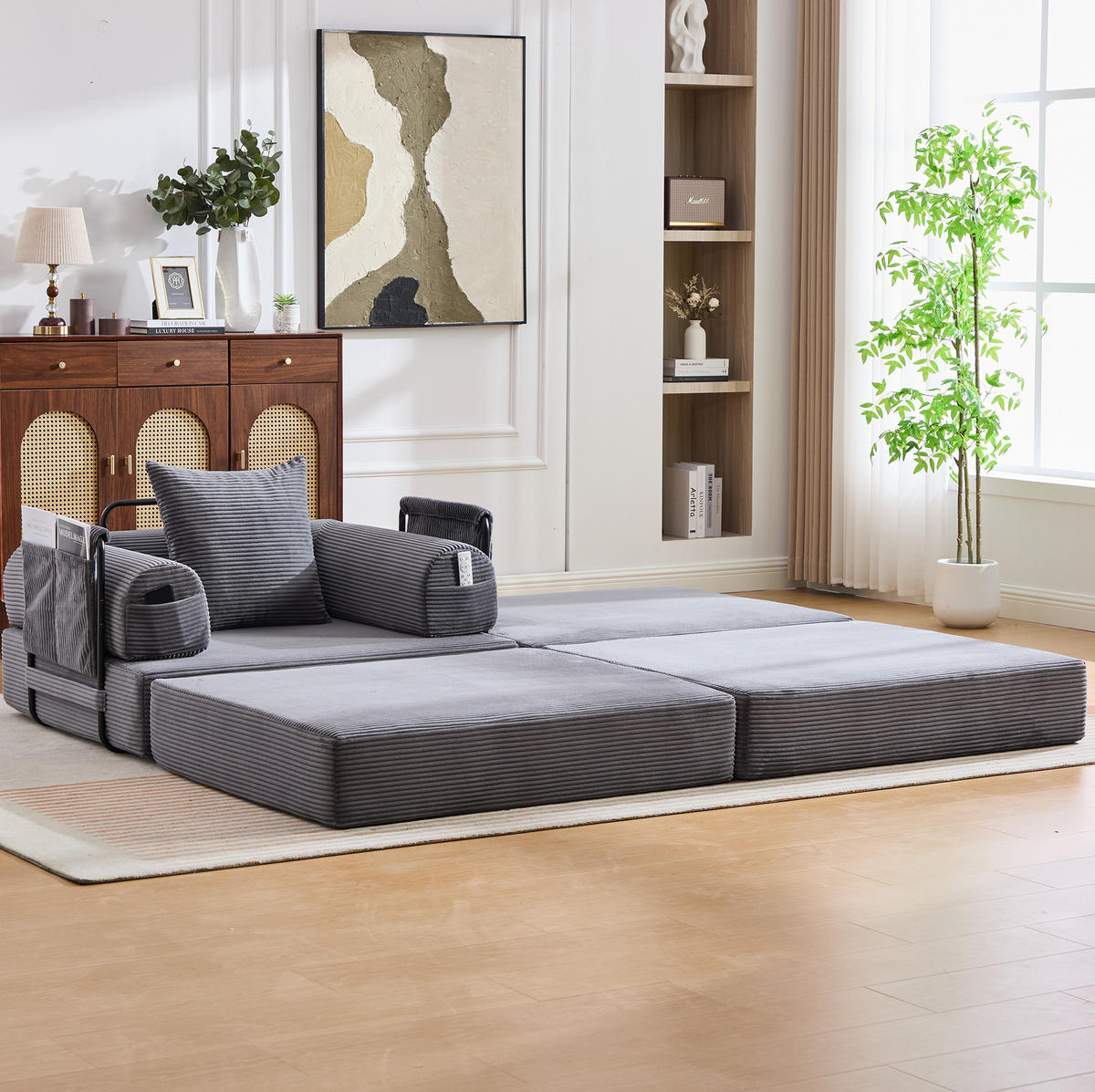 SESSEL mit Hocker 112/190/67 cm aus Cord, ergonomisch mit Seitentasche und Kissen, Dunkelgrau - Dunkelgrau, Textil (190/67/112cm) - Redom