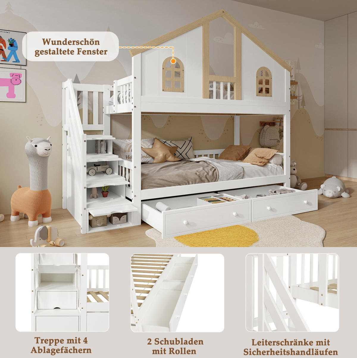 ETAGENBETT aus Kiefer und MDF 90x200 cm Weiß/Natur mit Stauraumtreppe und Schubladen - Weiß, Holz (90/200cm) - Modfu