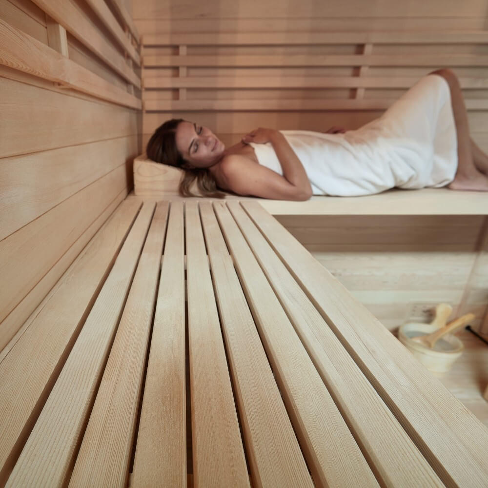 SAUNA SKYLINE BIG XL - Ausstattung: Mit Holzwand, Größe: 200 x 200 x 210 cm - Naturfarben, Holz (200/210/200cm) - Home Deluxe