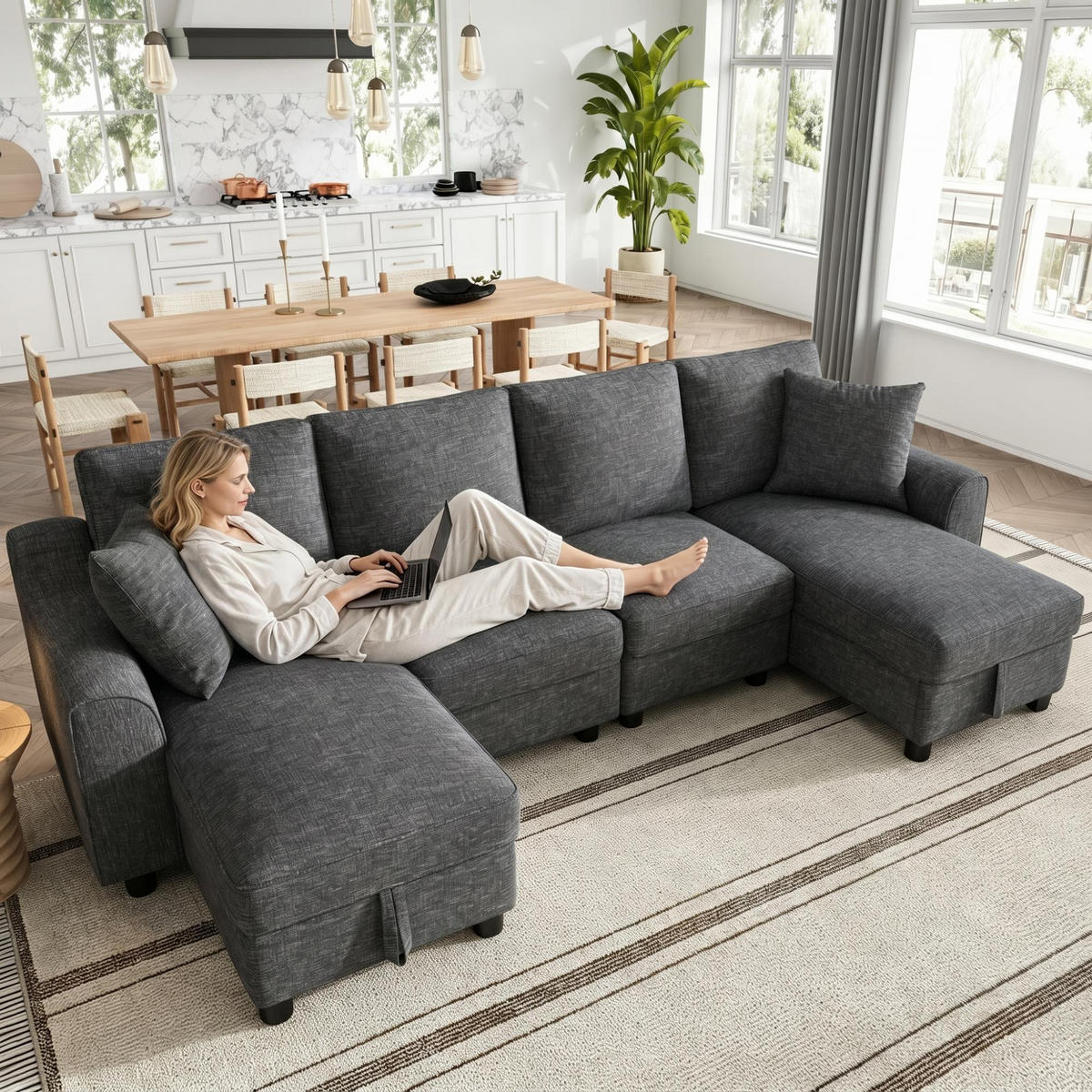 WOHNLANDSCHAFT Chenille Grau mit Stauraum und mit Kissen - Grau, Holzwerkstoff/Kunststoff (280/84/173cm) - WISHDOR