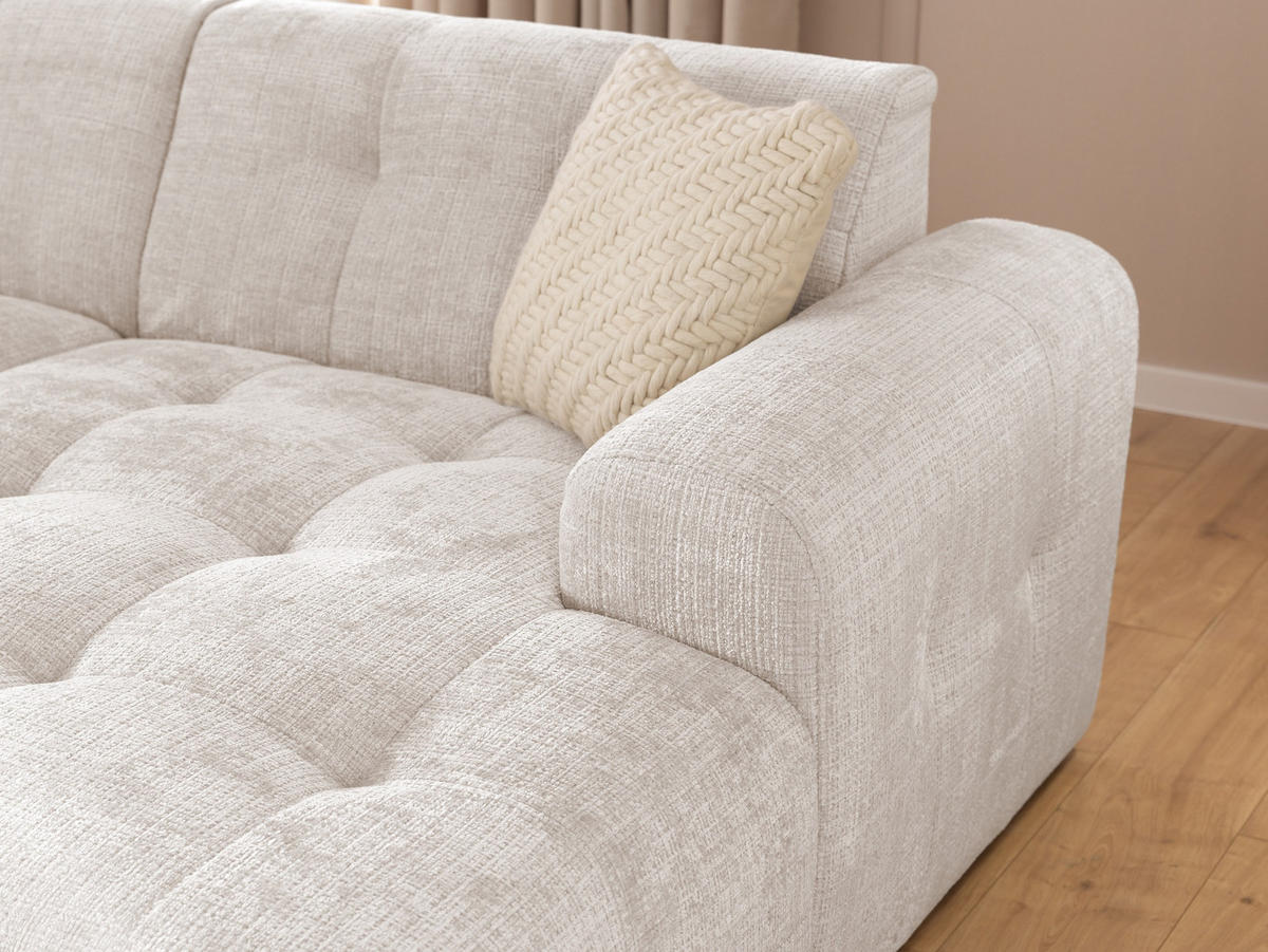 ECKSOFA Kozy im Bumpy-Design mit fester Rückenlehne aus weichem Beige Chenille-Stoff - Ottomane rechts - Beige/Creme, Holz/Kunststoff (234/161cm) - S-Style Möbel