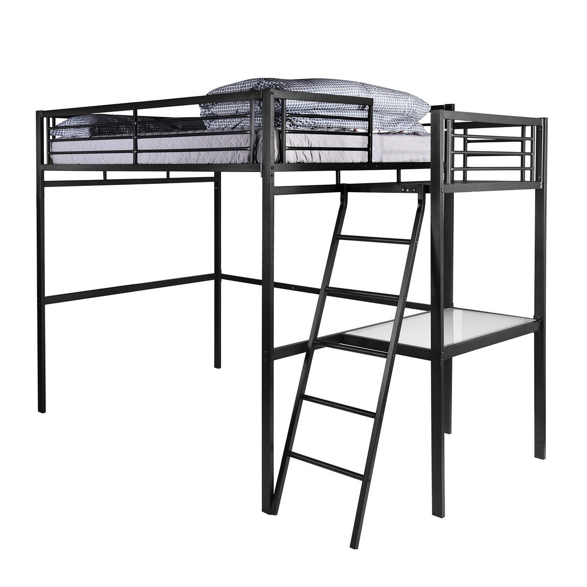 HOCHBETT Metall Schwarz 140x200 cm – Loftbett mit Arbeitsbereich, Leiter und Sicherheitsgeländer - Schwarz, Metall (145.5/201cm) - Meubles Cosy